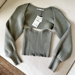 US M Zara sage green knit tube top and sleeve warmers set